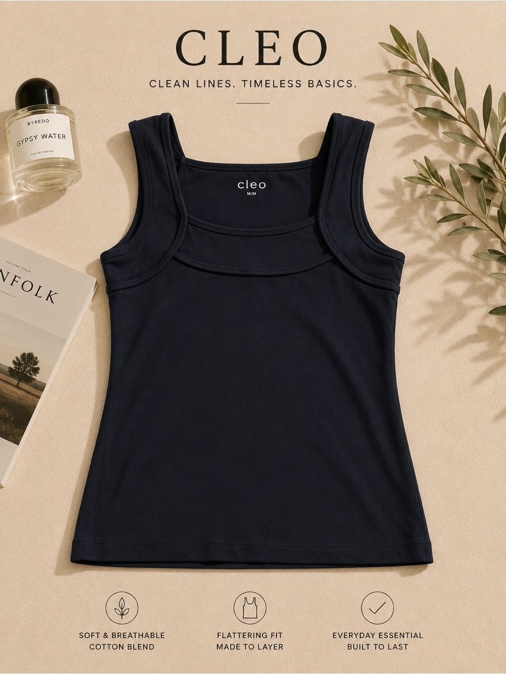 Cleo Navy Double-Panel Square Neck Tank